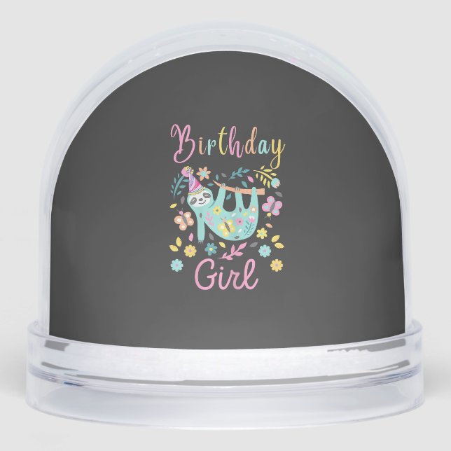 Cute Sloth Floral Girls Birthday Party T-Shirt Snow Globe (Front)