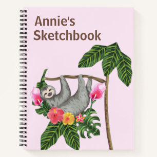 Cute Sloth Floral Personalized Kids Sketchbook Notebook