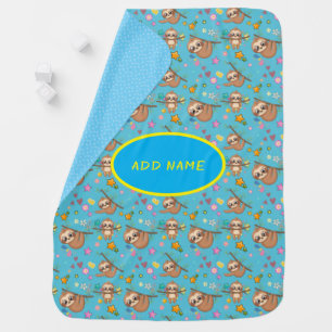Cute Sloth Flowers Blue Pattern Stars Template Baby Blanket