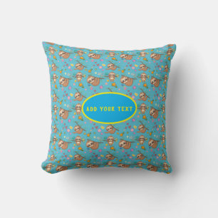 Cute Sloth Flowers Blue Pattern Stars Template Throw Pillow