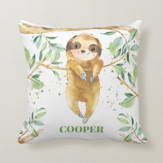 Cute Sloth Forest Greenery Kids Boy Nursery Throw Pillow