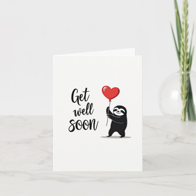 Cute Sloth Get Well Soon Card with Heart Balloon (Front)