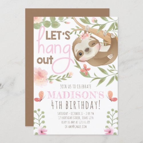 Cute Sloth Girl Birthday  Invitation