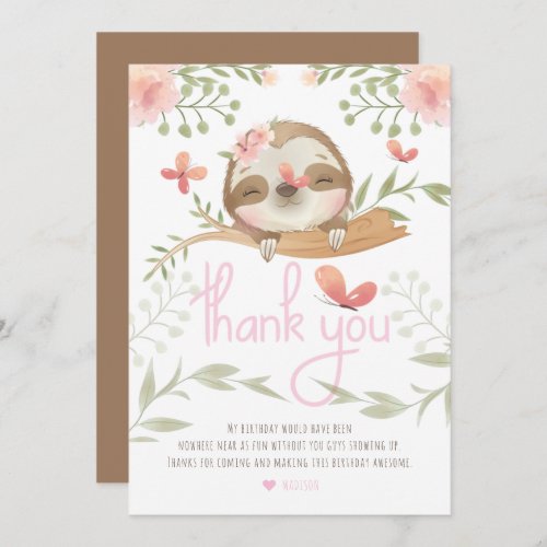 Cute Sloth Girl Birthday Thank You Card