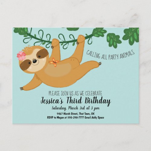 Cute Sloth Girls Birthday Party Invitation Postcard