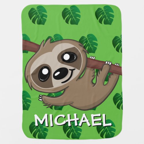Cute Sloth Green Jungle Safari Name Baby Blanket