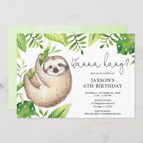 Cute sloth green leaves boy birthday party invitation
