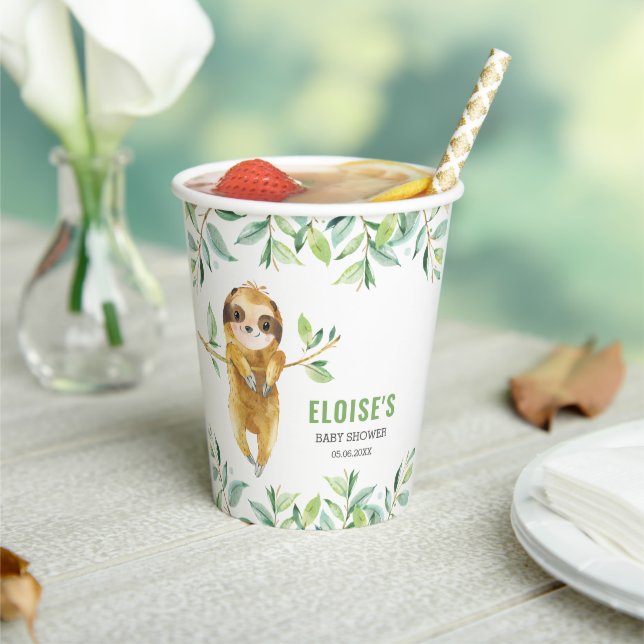 Cute Sloth Greenery Boy Baby Shower Birthday   Paper Cups (Insitu)