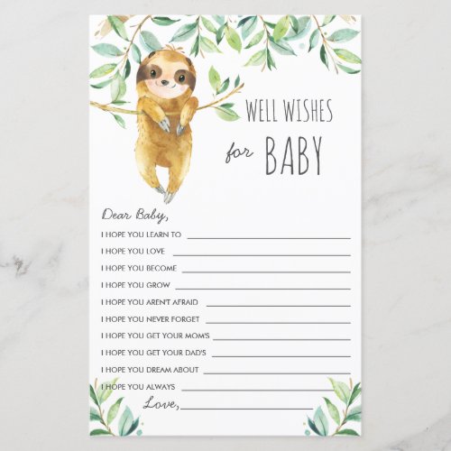 Cute Sloth Greenery Shower Well Wishes for Baby