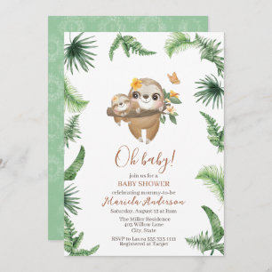 Cute Sloth Greenery Watercolor Baby Shower Invitation