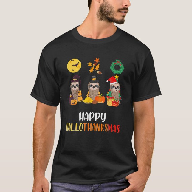 Cute Sloth Halloween Christmas Happy Hallothanksma T-Shirt (Front)