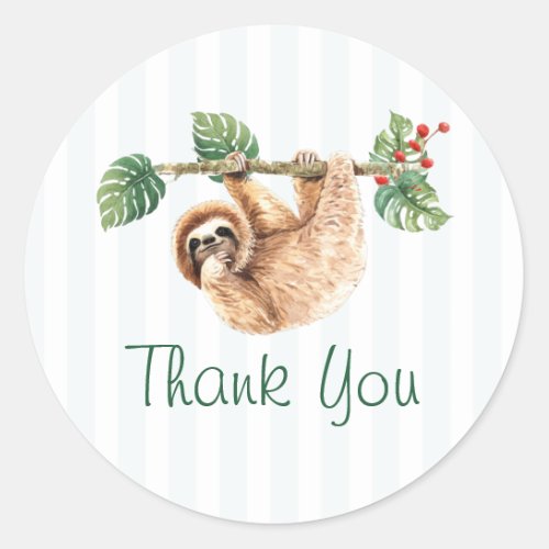 Cute Sloth Hanging Around Watercolor Thank You Classic Round Sticker