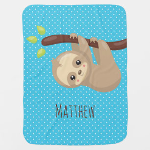 Cute Sloth Hanging Branch Blue Polka Dot Pattern Baby Blanket