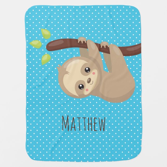 Cute Sloth Hanging Branch Blue Polka Dot Pattern Baby Blanket (Front)