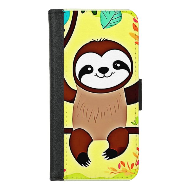 Cute Sloth Hanging on a Tree Branch iPhone Wallet Case (Front)