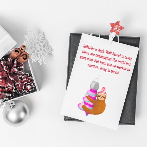 Cute Sloth Hanging On Ornament Co_Worker Xmas Holiday Card