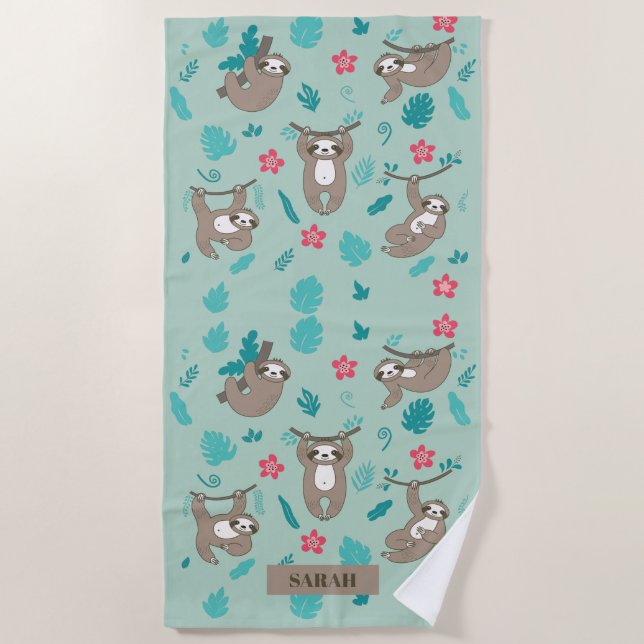 Cute Sloth Hanging Pattern Personalized Name  Beach Towel (Front)
