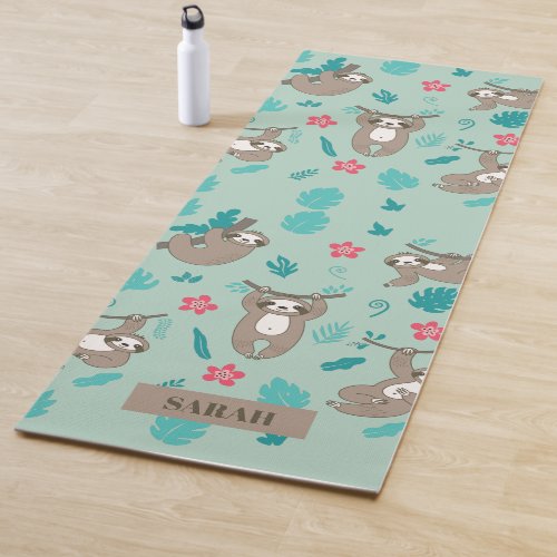 Cute Sloth Hanging Pattern Personalized Name  Yoga Mat