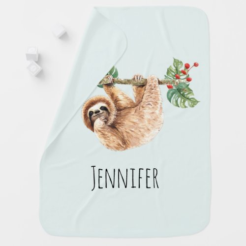Cute Sloth Hanging Upside Down Watercolor Baby Blanket