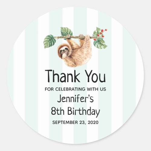 Cute Sloth Hanging Upside Down Watercolor Birthday Classic Round Sticker