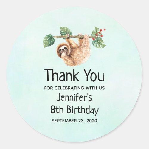 Cute Sloth Hanging Upside Down Watercolor Birthday Classic Round Sticker