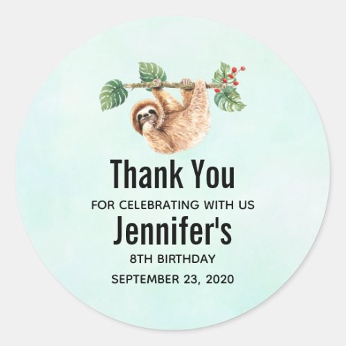 Cute Sloth Hanging Upside Down Watercolor Birthday Classic Round Sticker