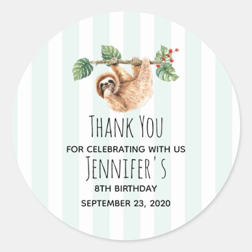 Cute Sloth Hanging Upside Down Watercolor Birthday Classic Round Sticker