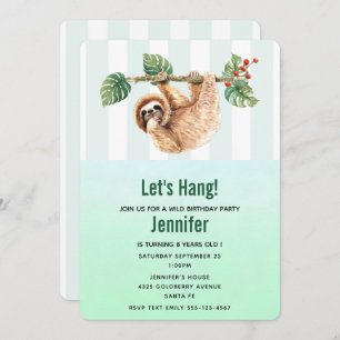 Cute Sloth Hanging Upside Down Watercolor Birthday Invitation