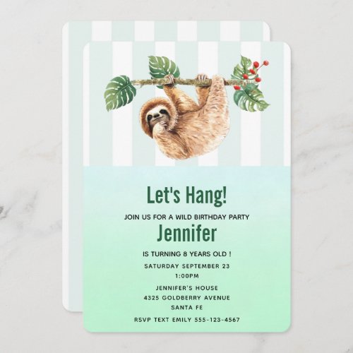 Cute Sloth Hanging Upside Down Watercolor Birthday Invitation