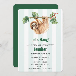 Cute Sloth Hanging Upside Down Watercolor Birthday Invitation