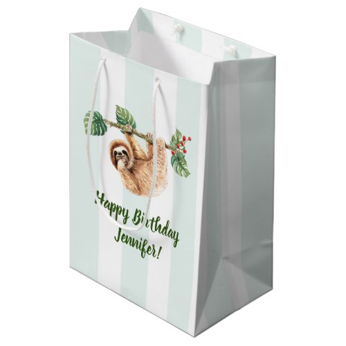 Cute Sloth Hanging Upside Down Watercolor Birthday Medium Gift Bag