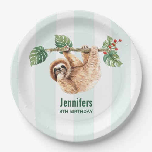 Cute Sloth Hanging Upside Down Watercolor Birthday Paper Plates