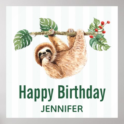 Cute Sloth Hanging Upside Down Watercolor Birthday Poster