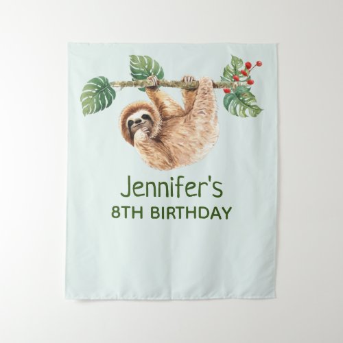 Cute Sloth Hanging Upside Down Watercolor Birthday Tapestry