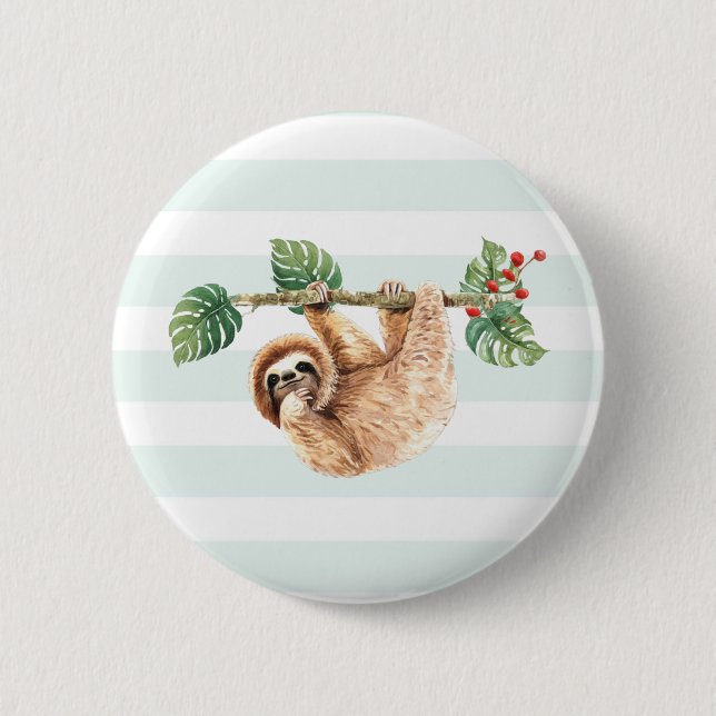 Cute Sloth Hanging Upside Down Watercolor Button (Front)