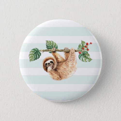 Cute Sloth Hanging Upside Down Watercolor Button