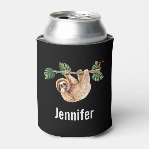 Cute Sloth Hanging Upside Down Watercolor Can Cooler