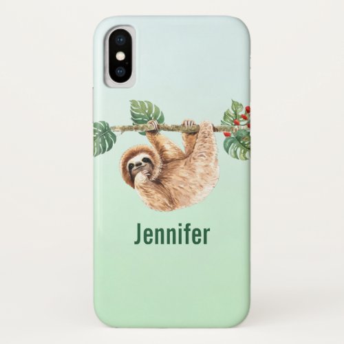 Cute Sloth Hanging Upside Down Watercolor iPhone X Case