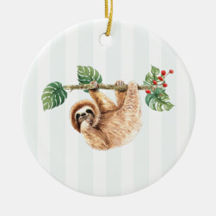 Cute Sloth Hanging Upside Down Watercolor Ceramic Ornament