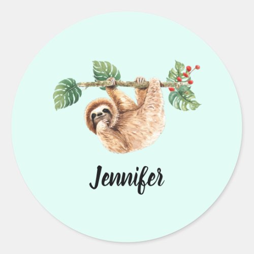 Cute Sloth Hanging Upside Down Watercolor Classic Round Sticker