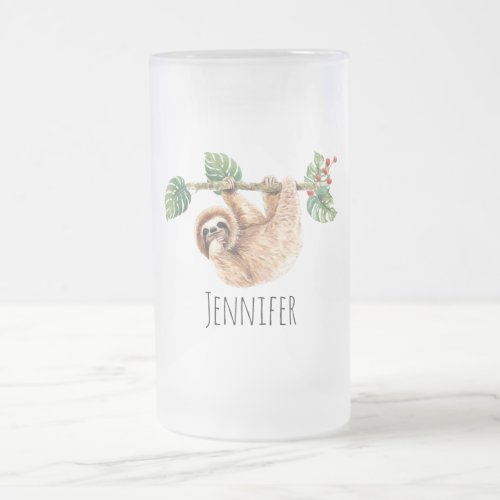 Cute Sloth Hanging Upside Down Watercolor Frosted Glass Beer Mug