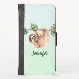 Cute Sloth Hanging Upside Down Watercolor iPhone X Wallet Case