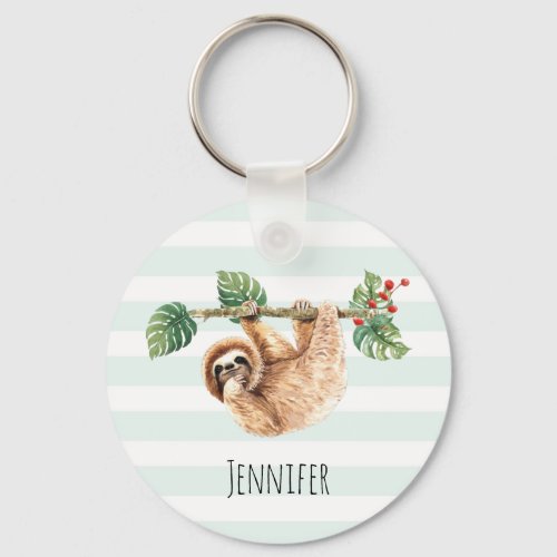 Cute Sloth Hanging Upside Down Watercolor Keychain