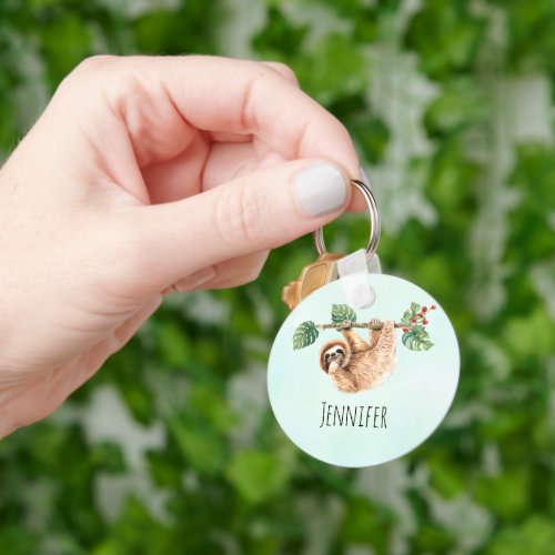 Cute Sloth Hanging Upside Down Watercolor Keychain