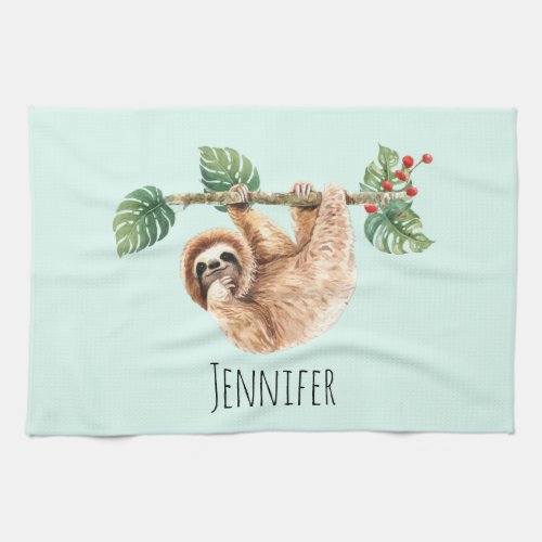 Cute Sloth Hanging Upside Down Watercolor Kitchen Towel