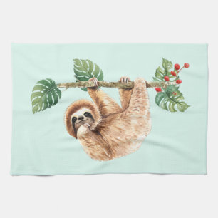 Cute Sloth Hanging Upside Down Watercolor Kitchen Towel