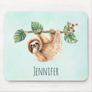 Cute Sloth Hanging Upside Down Watercolor Mouse Pad