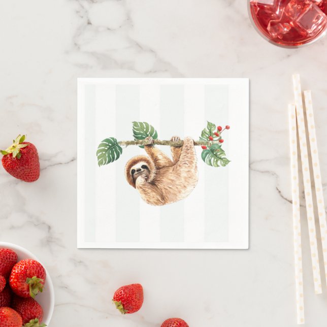 Cute Sloth Hanging Upside Down Watercolor Napkins (Insitu)