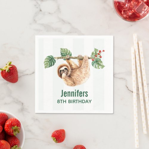 Cute Sloth Hanging Upside Down Watercolor Napkins