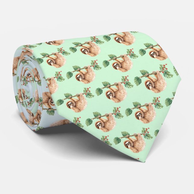 Cute Sloth Hanging Upside Down Watercolor Neck Tie (Rolled)